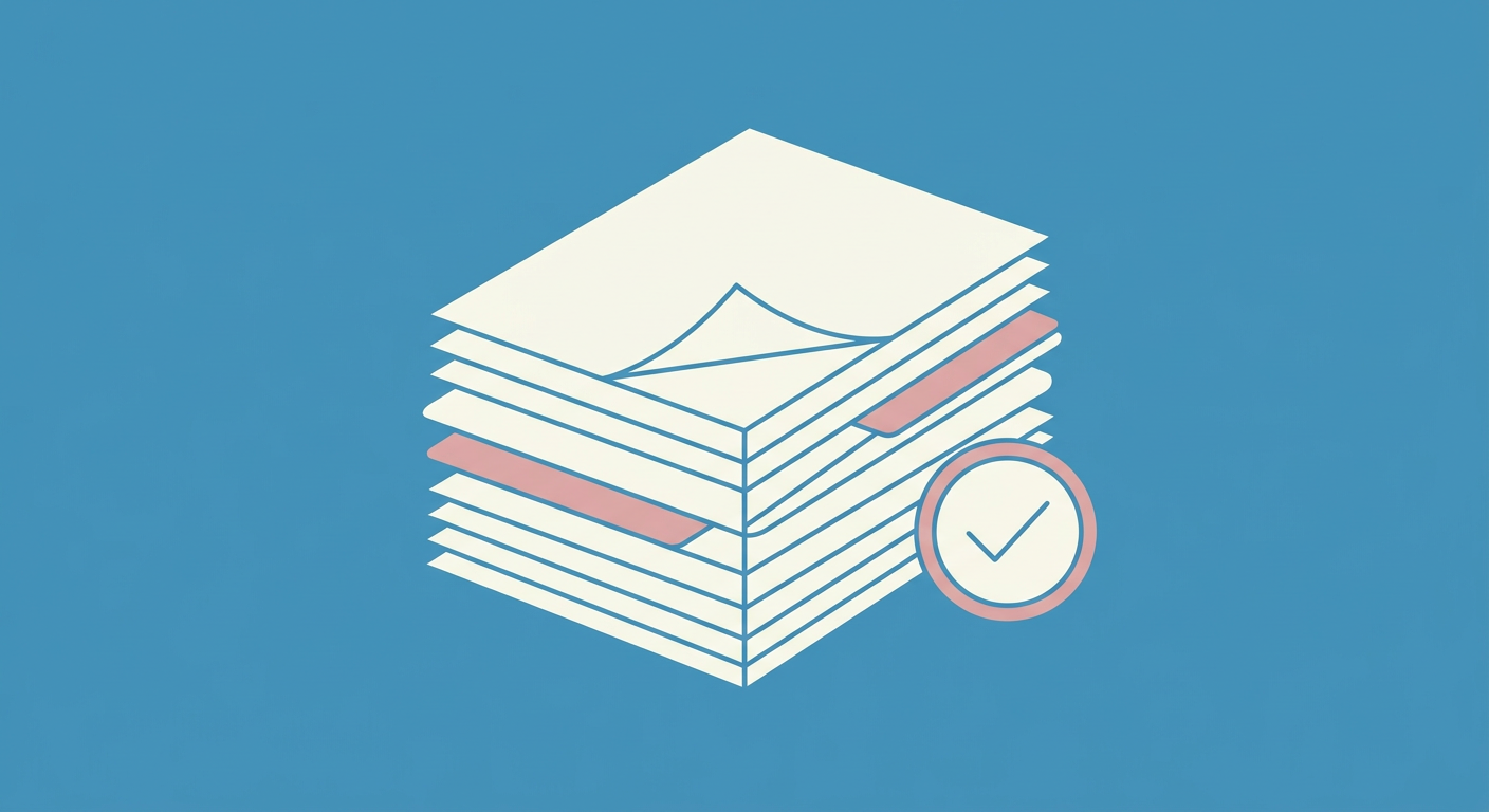 Illustration d'une pile de documents avec un badge de validation